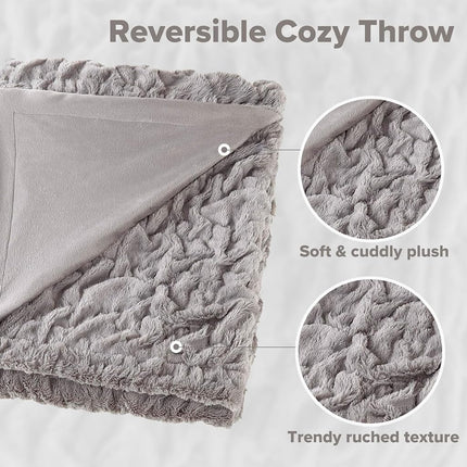 Comfort Spaces Luxurious & Fuzzy Soft Ruched Faux Fur Plush Throw Blanket Set with 2 Matching Square Pillow Covers, for Sofa,Chair, Couch, Living Room, Home Office, Grey 50"x 60"