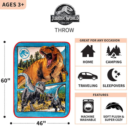 Franco Kids Bedding, Plaid Micro Raschel Ultra Doux, 117 cm x 152 cm, Jurassic World Dominion