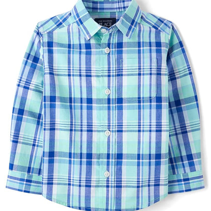 Chemise boutonnée à manches longues en popeline The Children's Place pour bébés garçons et tout-petits, carreaux Mellow Aqua, 9-12 mois