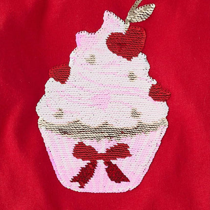 The Children's Place Girls' Long Sleeve Graphic Top with Back Detail, Red Cupcake, Small