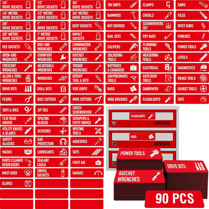 Pack of 90 Magnetic Toolbox Labels, 82 Premade & 8