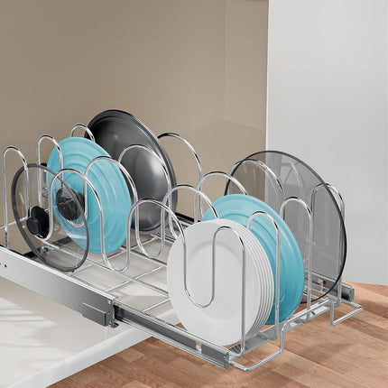 RITSU Slide Out Pan and Pot Lid Organizer for Cabinet, Kitchen Pull Out Pot Lid Rack Pantry Cutting Board Bakeware Cookware Holder - 11in. W x 21in. D - Chrome