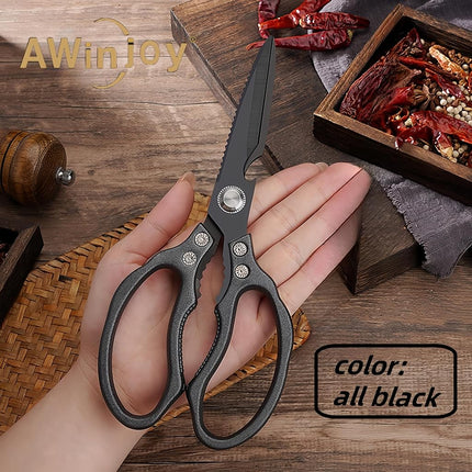 AWinjoy Heavy Duty Sharp Kitchen Scissors, Stainless Steel, Ambidextrous, Dishwasher Safe, Black