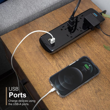 GE, Black, Strip Surge Protector Charger, 7 Outlets, 2 USB Ports, Fast Charge, Flat Plug, Long Power Cord, 3 Feet, Wall Mount, Warranty, 37054, 3 Ft