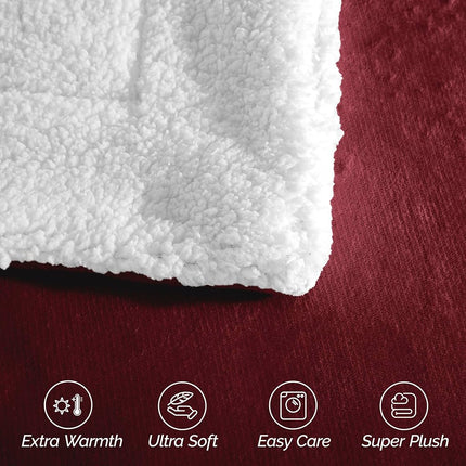 Elegant Comfort Ultra Soft Reversible Flannel Sherpa Blanket - Cozy Silky Fleece Throw for Couch, Bed - Plush Fuzzy Warm Winter Blanket for Gift, Twin XL, Burgundy