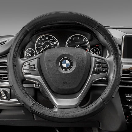 FH Group Universal Fit Genuine Leather Sport Steering Wheel Cover Fits Most Cars, SUVs Black