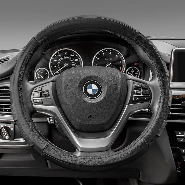 FH Group Universal Fit Genuine Leather Sport Steering Wheel Cover Fits Most Cars, SUVs Black