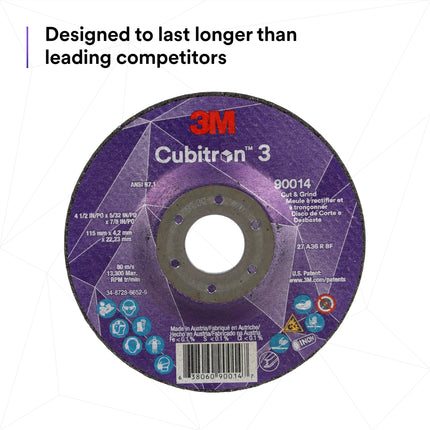 Disque de tronçonnage et d'ébarbage 3M Cubitron 3, 89162, paquet de 20, 36+, T27, 150 x 3,2 x 22,23 mm (6 x 1/8 x 7/8 po), ANSI
