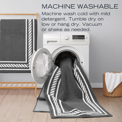 Nautica – Runner Rug | Indoor Runners for Hallways and Entry Rugs| Non-Slip and Non-Skid Entry and Kitchen Door Mat| Machine Washable Entryway Carpet Rugs | 2'2" x 3'9" | Rope Border Dark Grey