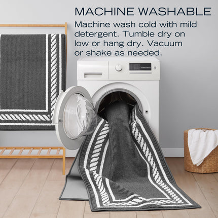 Nautica – Runner Rug | Indoor Runners for Hallways and Entry Rugs| Non-Slip and Non-Skid Entry and Kitchen Door Mat| Machine Washable Entryway Carpet Rugs | 2'2" x 3'9" | Rope Border Dark Grey