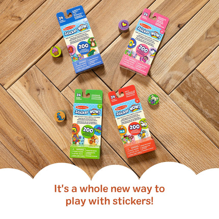 Melissa & Doug Sticker WOW! Mini bloc de actividades y pegatinas de recambio, paquete de 4: Dino, mascotas, cosas favoritas, paquete sorpresa, 200 pegatinas cada uno (800 en total) para cualquier aplicador de pegatinas (no incluido)