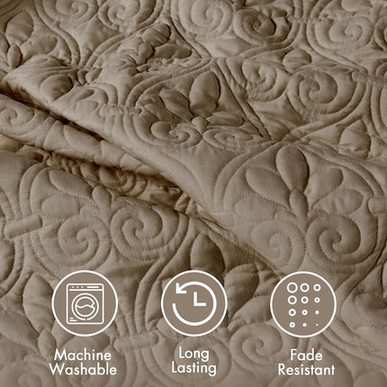 Madison Park Quebec Split Corner Quilted Bedspread Classic Traditional Design All Season, Lightweight, Bedding Set, Matching Shams, King(79" x81+24D), Damask Quilted Khaki 3 Piece