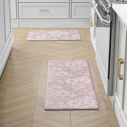 Laura Ashley - Anti-Fatigue Kitchen Mat, Iris Floral Design, Stain, Water & Fade Resistant, Cooking & Standing Relief, Non-Slip Backing, 2 Piece Set, Soft Pink Iris