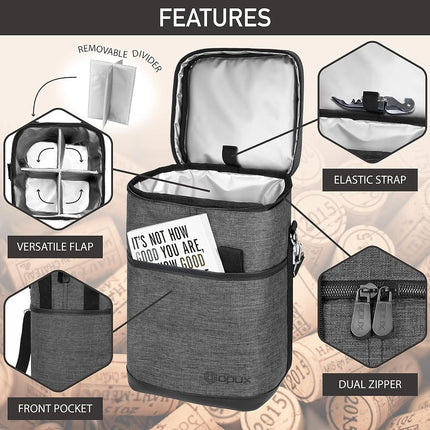 opux Wine Bag, 4 Bottle Wine Cooler Bag, Insulated Wine Tote Carrier for Travel Picnic BYOB, Leakproof Padded Portable Wine Bottle Bag for Wine Lovers Gift Women Men Christmas (Charcoal Gray)