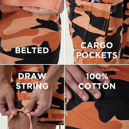 X RAY Men's Belted Long Cargo Shorts for Men, Below Knee Length Mens Cargo Shorts, 3/4 Pants (Big and Tall Shorts for Men), Orange Camo, 48