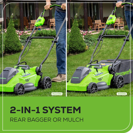 Cortacésped inalámbrico sin escobillas Greenworks 40V de 16" (de empuje) + Soplador (350 CFM) + Cortabordes de 13" (Carretes de repuesto de regalo), batería de 4.0Ah + 2.0Ah y cargador incluidos (más de 75 herramientas compatibles)