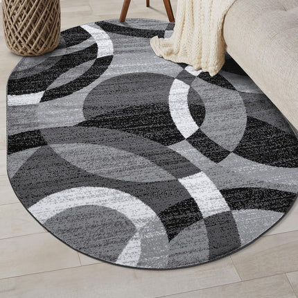 Rugshop Gray Modern Geometric Oval Rug, Abstract Circles, High-Traffic, Non-Shedding, for Living Room, Bedroom and Home Office, 5' x 7' Oval