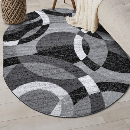 Rugshop Gray Modern Geometric Oval Rug, Abstract Circles, High-Traffic, Non-Shedding, for Living Room, Bedroom and Home Office, 5' x 7' Oval
