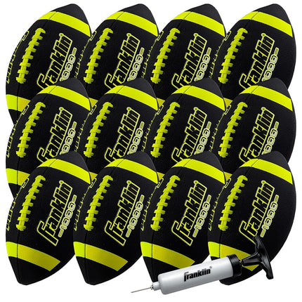 Balón de fútbol americano tamaño júnior de Franklin Sports - Balones de fútbol americano juveniles Grip-Rite - Cuero sintético con agarre extra perfecto para niños - 1 unidad inflada - Paquete de 12 desinflados con bomba, Negro/Lima (33099C1X)