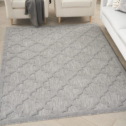 Alfombra de área Nourison Easy Care para interior/exterior gris plateado de 5' x 7', marroquí, enrejado, dormitorio, sala de estar, patio trasero, terraza, patio, fácil de limpiar, no suelta pelo