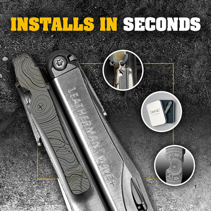 Donk! Pocket Clip compatible with Leatherman Wave, Wave Plus+, Alpha, Surge & Charge AL, ALX, Ti, XTi - Titanium TC4 - Custom Designs - Quick Release - Extra Carry Options - Topo