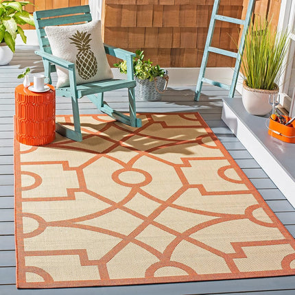 Tapis d'intérieur/extérieur Martha Stewart by SAFAVIEH Collection 81 cm x 152 cm Beige/Terracotta MSR4121J Motif Fretwork Imperméable Facile à nettoyer pour Patio Cour Arrière Vestibule