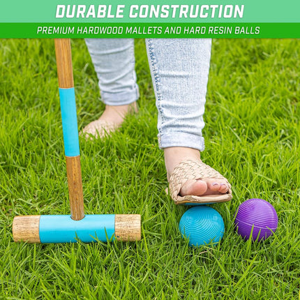 GoSports Premium Wood Stained Six Player Croquet Set with Handcrafted Wooden Stand