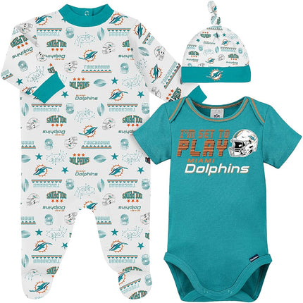 Gerber NFL Baby Boys' 3-Piece Bodysuit, Sleep 'n Play, & Cap Set, Miami Dolphins, 6-9 Months