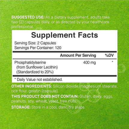 Phosphatidylserine Supplement, 400mg Serving, 240 Capsules � Soy Free Sunflower Lecithin Source