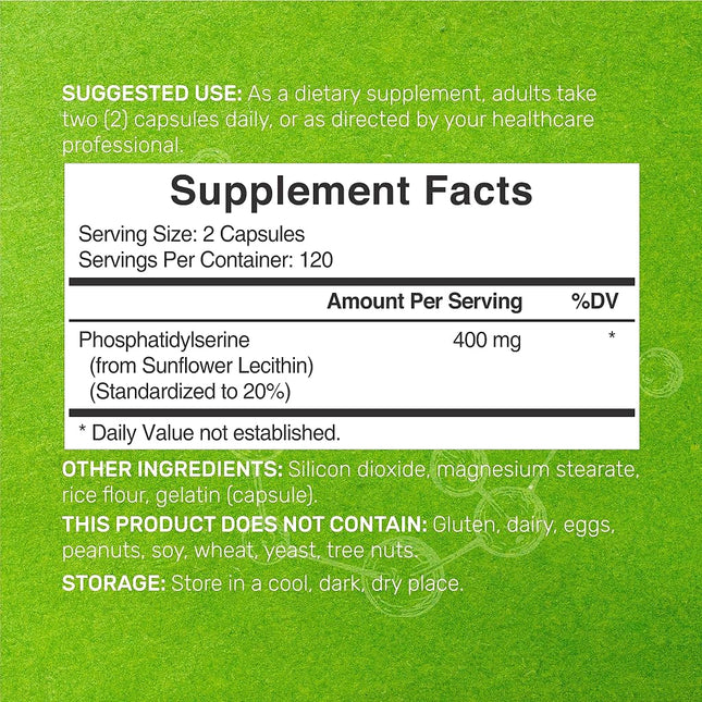 Phosphatidylserine Supplement, 400mg Serving, 240 Capsules � Soy Free Sunflower Lecithin Source