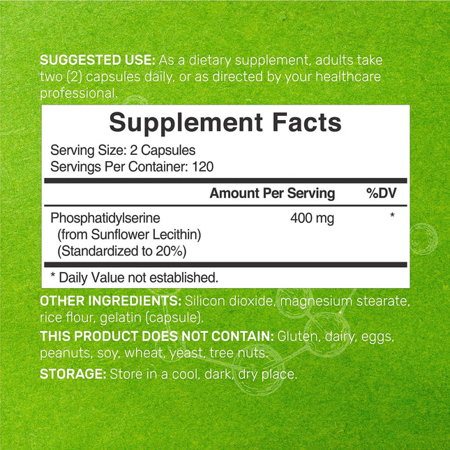 Phosphatidylserine Supplement, 400mg Serving, 240 Capsules � Soy Free Sunflower Lecithin Source