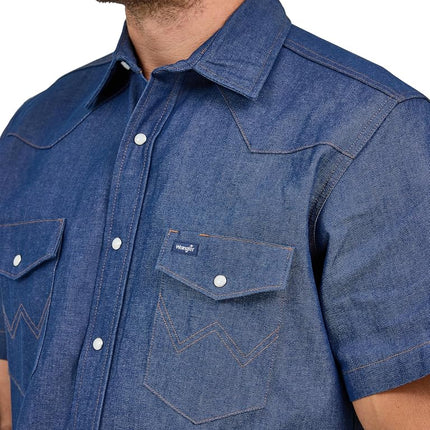 Wrangler Men's Cowboy Cut Western Two Pocket Short Sleeve Snap Work Shirt Shirt, Blue, XXL