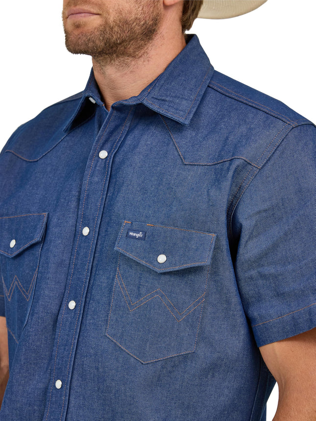 Wrangler Men's Cowboy Cut Western Two Pocket Short Sleeve Snap Work Shirt Shirt, Blue, L