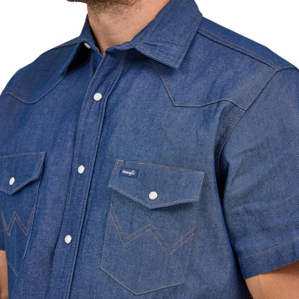 Camisa de trabajo Wrangler Western Cowboy Cut de manga corta con dos bolsillos para hombre, azul, XXL
