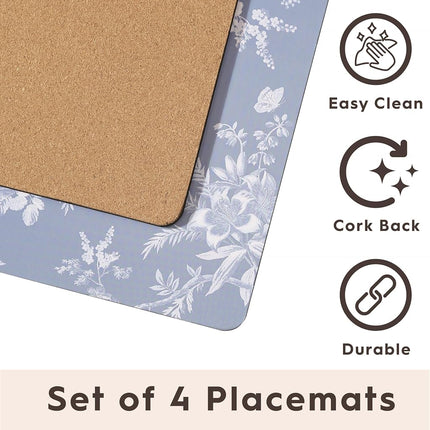 Laura Ashley Cork Placemats 16 x 12-inch for Kitchen and Dining Tables, Heat Resistant, Durable, Easy Clean, Set of 4, Walled Garden