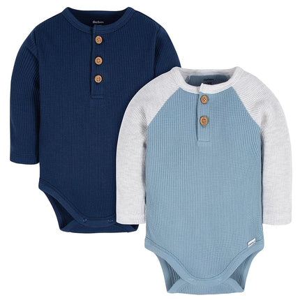 Gerber Baby Boys' Long Sleeve Henley Onesies (2 Pack), Blue and Heather Grey, Newborn