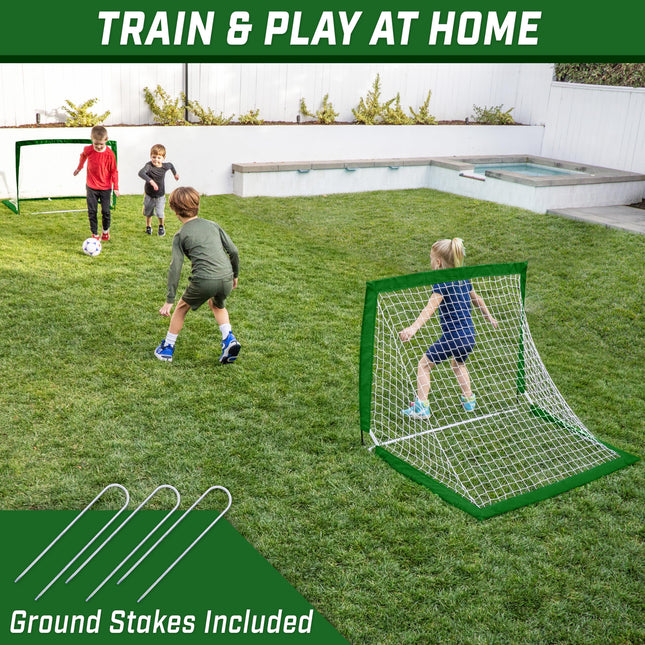 GoSports Team Tone 4 ft x 3 ft Portable Soccer Goals for Kids - Set of 2 Pop Up Nets for Backyard - Dark Green