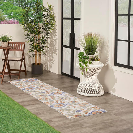 Nourison Aloha Indoor/Outdoor Ivory Blue 2'3" x 8' Area Rug, Easy Cleaning, Non Shedding, Bed Room, Living Room, Dining Room, Backyard, Deck, Patio (2x8)