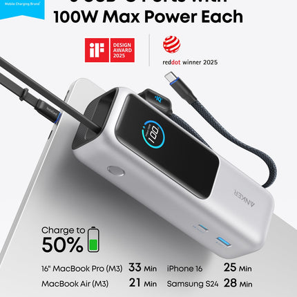 Anker Laptop Power Bank (25K, 165W, Built-In and Retractable Cables)