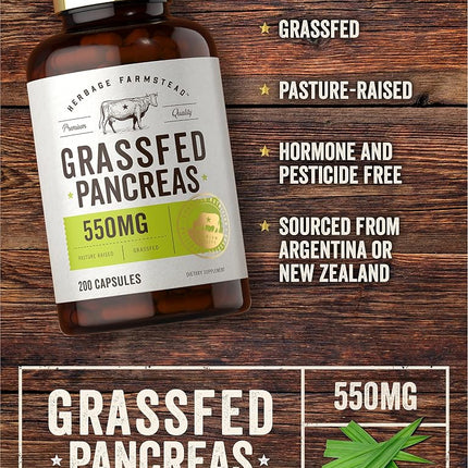 Grass Fed Beef Pancreas 550mg | 200 Capsules | Desiccated Pasture Raised Bovine Supplement | Non-GMO, Gluten Free | by Herbage Farmstead