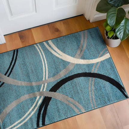 Alfombra decorativa moderna con diseño de círculos ondulados de Rugshop, resistente a la decoloración para entrada, baño o cocina, azul, 0.8 x 1.2 m