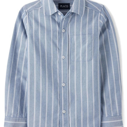Camisa Oxford abotonada de manga larga The Children's Place para niños, azul Huron, talla grande