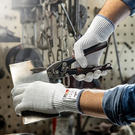 NoCry Cut Resistant Protective Work Gloves with Rubber Grip Dots. Tough and Durable Stainless Steel Material, EN388 Certified. 1 Pair. White, Size Small