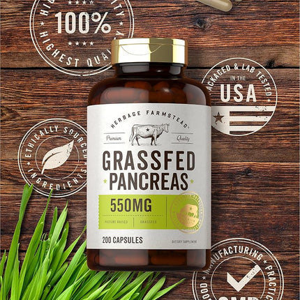 Grass Fed Beef Pancreas 550mg | 200 Capsules | Desiccated Pasture Raised Bovine Supplement | Non-GMO, Gluten Free | by Herbage Farmstead