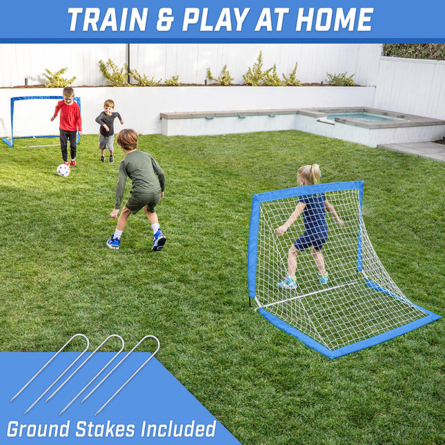 GoSports Team Tone 4 ft x 3 ft Portable Soccer Goals for Kids - Set of 2 Pop Up Nets for Backyard - Royal Blue