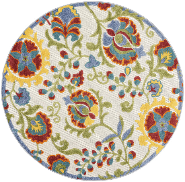 Nourison Aloha Indoor/Outdoor Ivory/Multi 5'3" x Round Area Rug, Easy Cleaning, Non Shedding, Bed Room, Living Room, Dining Room, Backyard, Deck, Patio (5 Round)