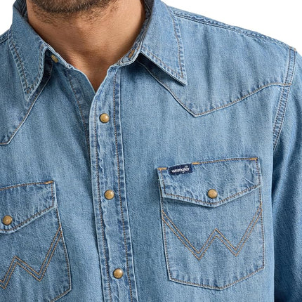 Wrangler Men's Denim Collection Snap Shirt, Light Wash Denim, Large