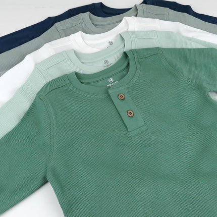 HonestBaby Paquete de 5 Camisetas de Manga Larga Tipo Henley de Waffle 100 % Algodón Orgánico para Bebés y Niños Pequeños, Unisex, Good Natured, 12 Meses