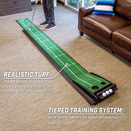 GoSports Pure Putt Golf Tapis de Practice de Golf de 2,7 m – Aide à l'Entraînement en Bois Haut de Gamme pour la Pratique du Putting à la Maison et au Bureau – Comprend 4 Balles de Golf – Noir