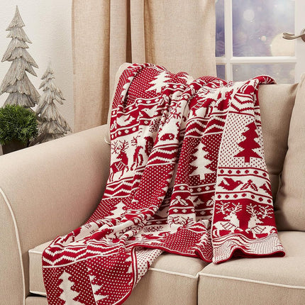 SARO LIFESTYLE Reindeer and Christmas Tree Knit Throw, Red, 50" x 60", TH544.R5060